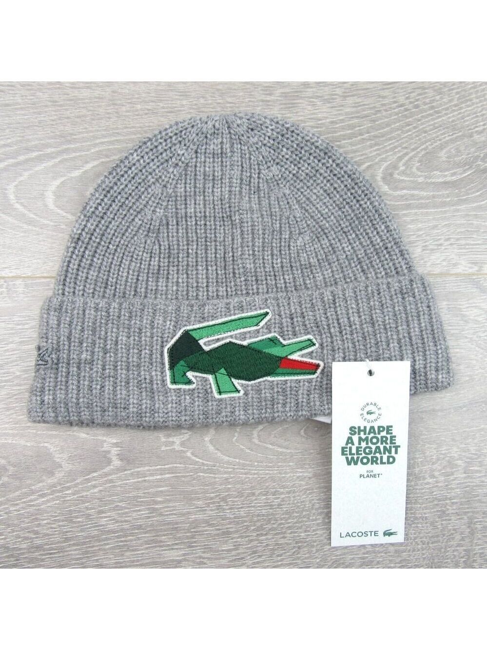 Lacoste Crocodile Big Patch Grey Wool Beanie Cap One Size NEW - Picture 3 of 13